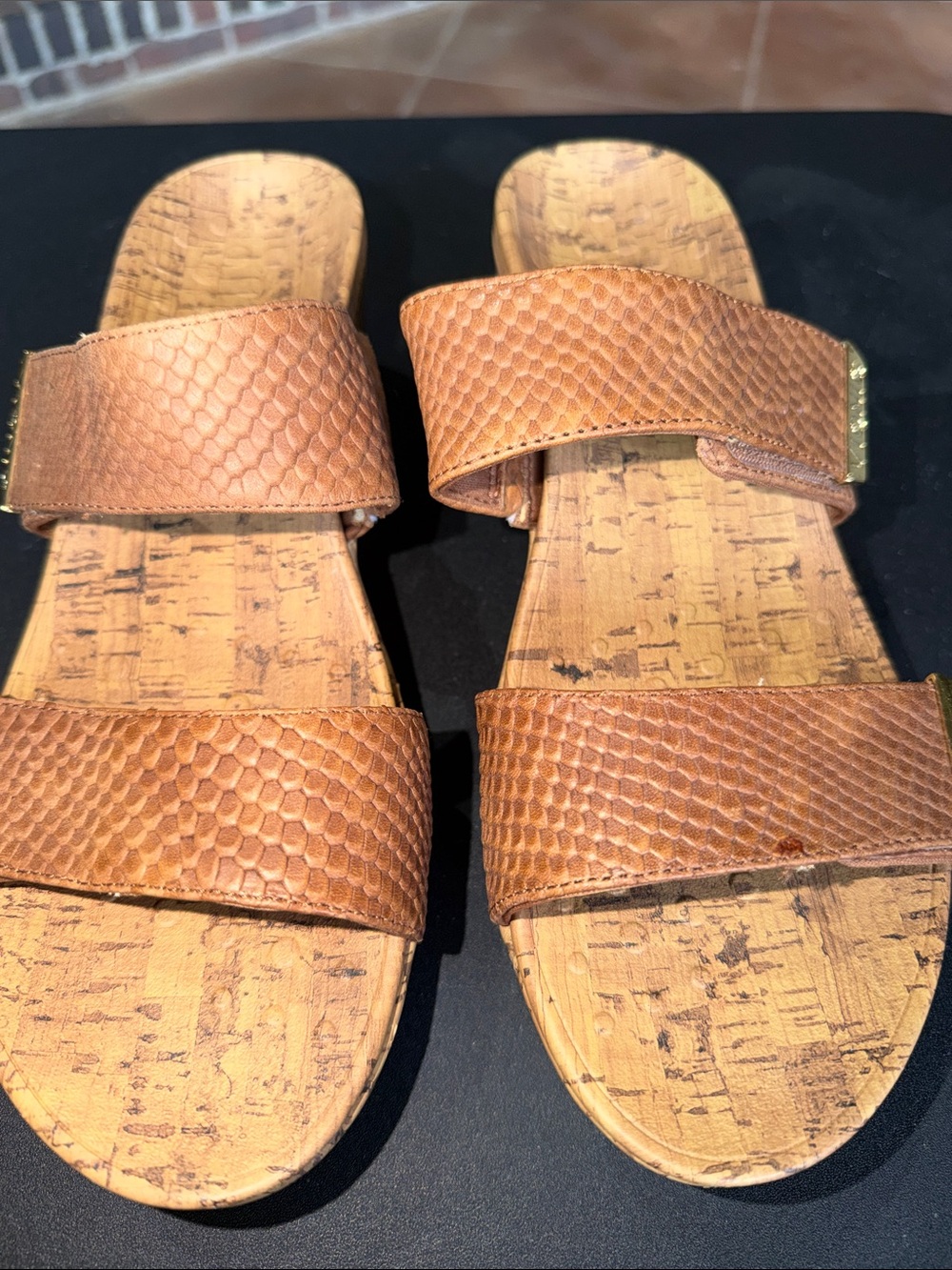 Vionic Brown Textured Double-Strap Cork Slide Sandals